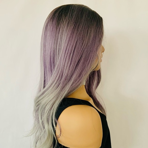 Long Gorgeous Plum Berry & Grey “Put On & Go” Synthetic Wig - Picture 4 of 9